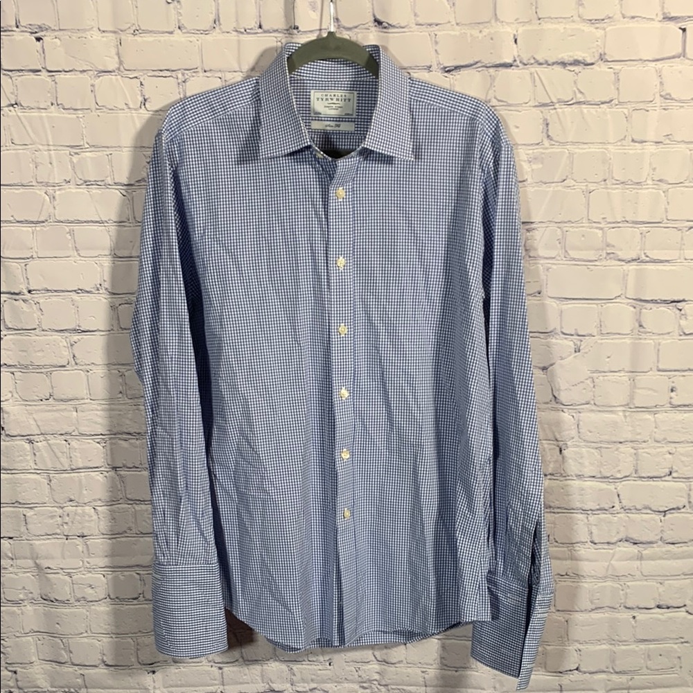 Charles Tyrwhitt Mens Gingham Button Down Blue White Slim Fit 17/ 35 French Cuff